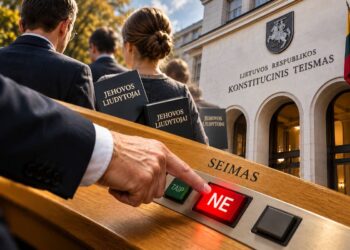 Iliustracinis koliažas: Jehovos liudytojų bendriją simbolizuojantys žmonės, Konstitucinio Teismo pastatas ir Seimo sprendimą žymintis mygtukas „NE“.