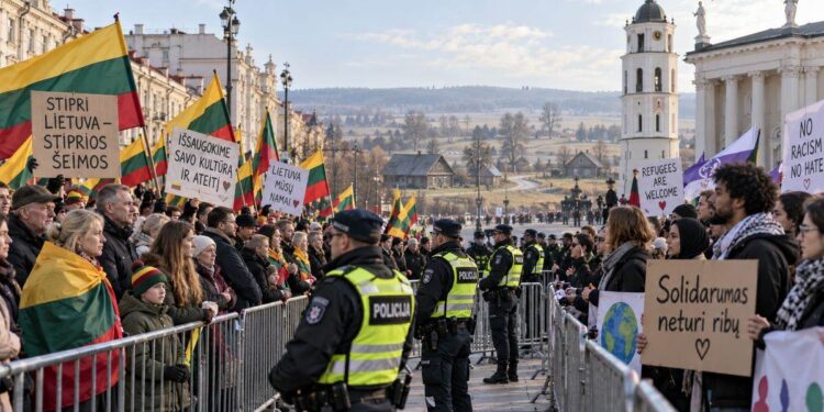 Dvi mitinguotojų grupės su Lietuvos vėliavomis ir migracijos politikos plakatais, atskirtos policijos užtvaromis