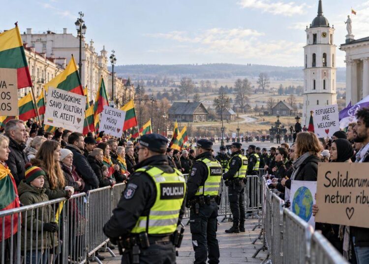 Dvi mitinguotojų grupės su Lietuvos vėliavomis ir migracijos politikos plakatais, atskirtos policijos užtvaromis