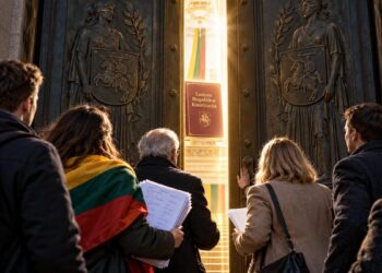 Piliečiai su referendumo parašų lapais prie vos pravertų durų, už kurių matyti Lietuvos Respublikos Konstitucija