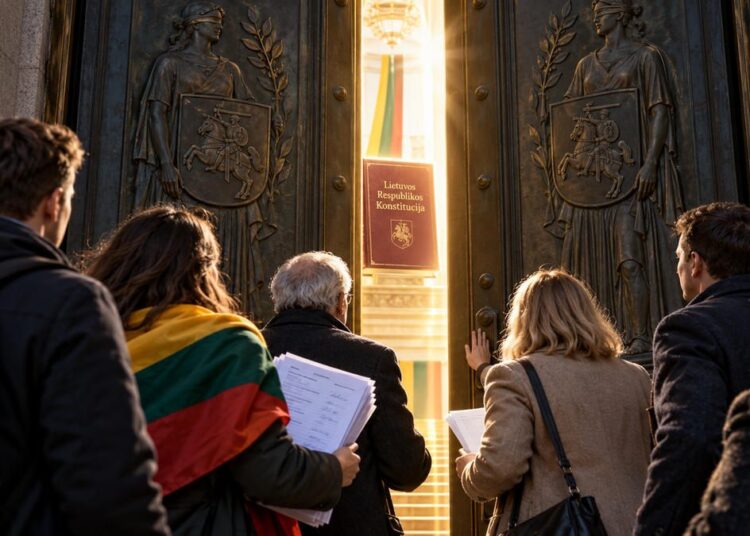 Piliečiai su referendumo parašų lapais prie vos pravertų durų, už kurių matyti Lietuvos Respublikos Konstitucija