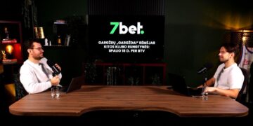 Krepšinio komentatorius Jonas Lekšas ir žinovas Augustas Šuliauskas kalbasi studijoje, ekrane matomas „7bet“ ženklas