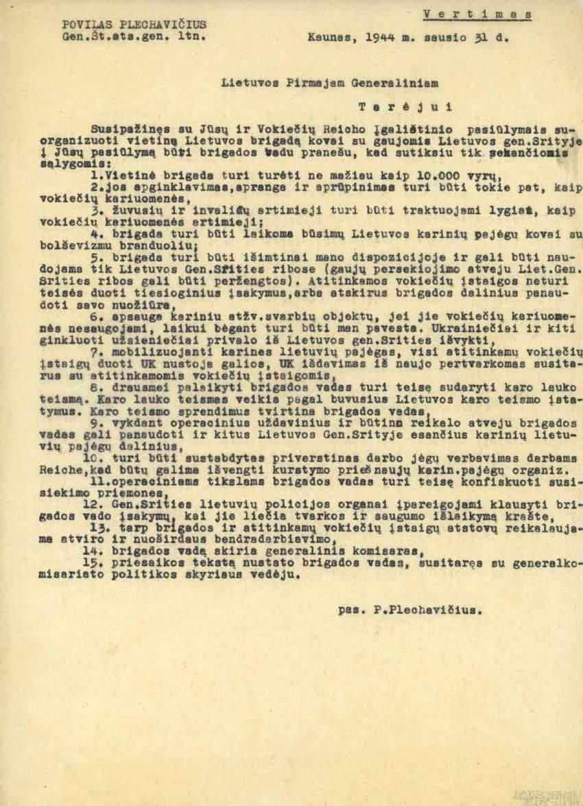 Generolo P. Plechavičiaus 1944 m. sausio 31 d. raštas su penkiolika sąlygų