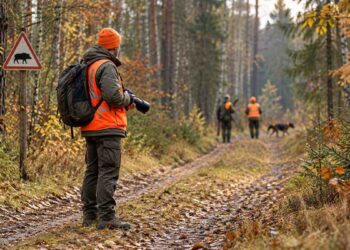 Ryškiaspalvę liemenę vilkintis gamtos fotografas rudeniniame miške, tolumoje matyti medžiotojai ir šuo