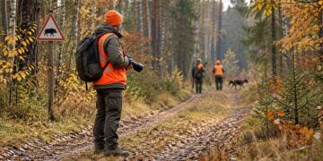 Ryškiaspalvę liemenę vilkintis gamtos fotografas rudeniniame miške, tolumoje matyti medžiotojai ir šuo