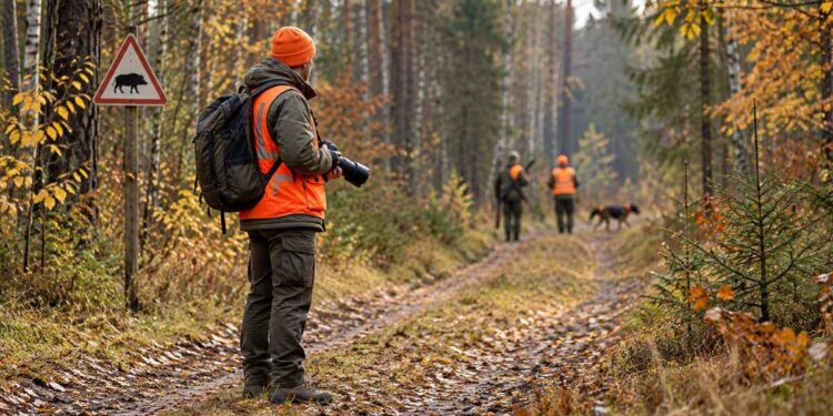 Ryškiaspalvę liemenę vilkintis gamtos fotografas rudeniniame miške, tolumoje matyti medžiotojai ir šuo
