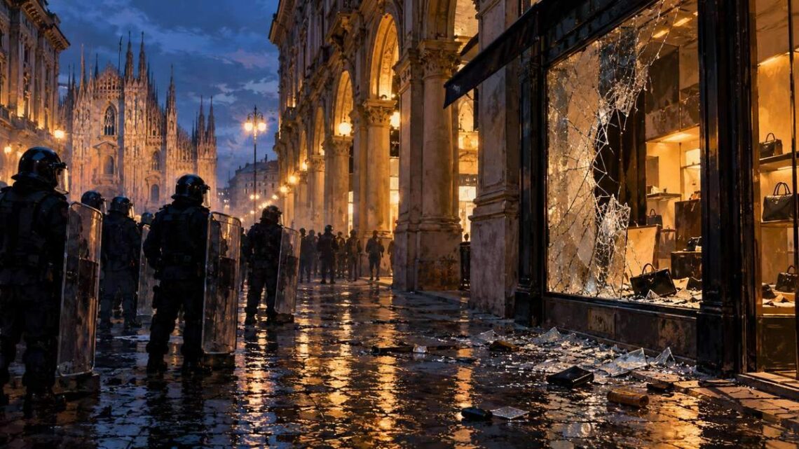 Meninė Milano riaušių padarinių iliustracija: policijos pareigūnai prie išdaužtos parduotuvės vitrinos