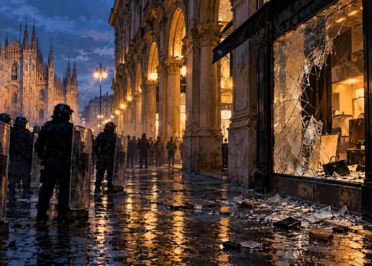 Meninė Milano riaušių padarinių iliustracija: policijos pareigūnai prie išdaužtos parduotuvės vitrinos