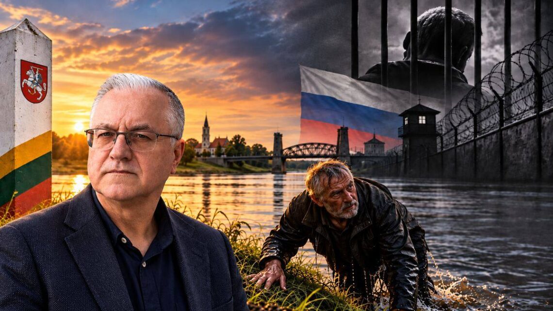 Simbolinis koliažas: autoriaus portretas, Nemuno krantas ir į Lietuvos pusę iš vandens lipantis persekiojamas vyras, tolumoje – Rusijos kalėjimo, grotų ir spygliuotos vielos vaizdai.