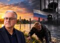 Simbolinis koliažas: autoriaus portretas, Nemuno krantas ir į Lietuvos pusę iš vandens lipantis persekiojamas vyras, tolumoje – Rusijos kalėjimo, grotų ir spygliuotos vielos vaizdai.