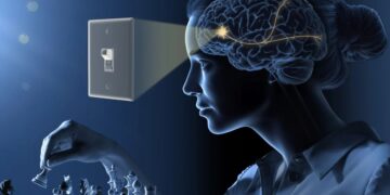 Optogenetikos iliustracija: moters smegenyse pavaizduoti neuronai, šviesos jungiklis ir šachmatų lenta