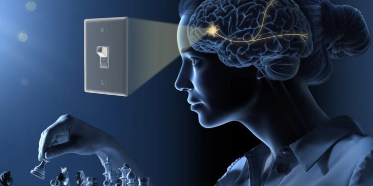 Optogenetikos iliustracija: moters smegenyse pavaizduoti neuronai, šviesos jungiklis ir šachmatų lenta