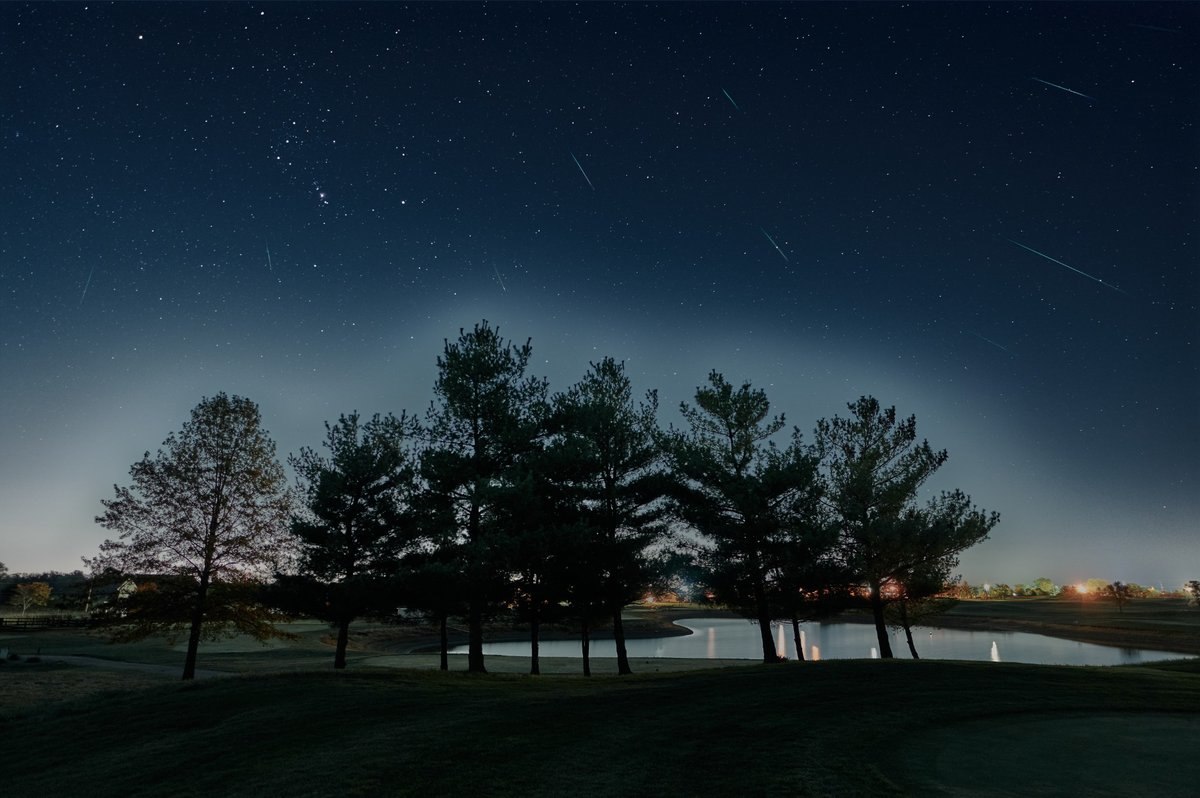 Keli Orionidų meteorai žvaigždėtame danguje virš medžių ir ežero