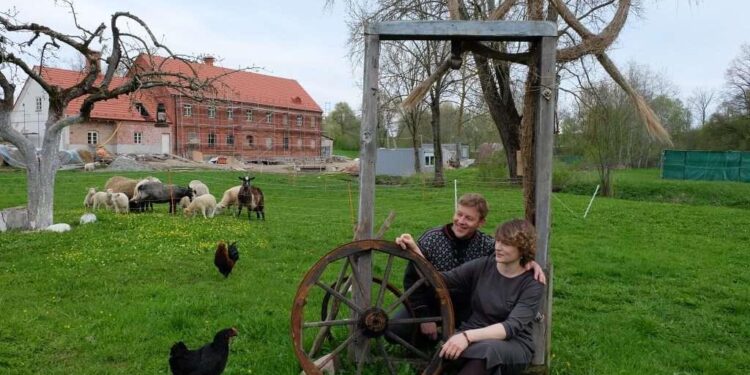 Du žmonės prie medinio rato Raubonių malūno aplinkoje, pievoje ganosi avys.