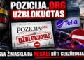 V. Budniko pateiktas koliažas apie portalo „Pozicija.org“ sustabdymą, su „Telia“ ženklu ir Lietuvos vėliava.