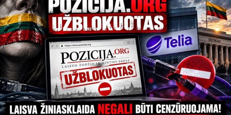 V. Budniko pateiktas koliažas apie portalo „Pozicija.org“ sustabdymą, su „Telia“ ženklu ir Lietuvos vėliava.