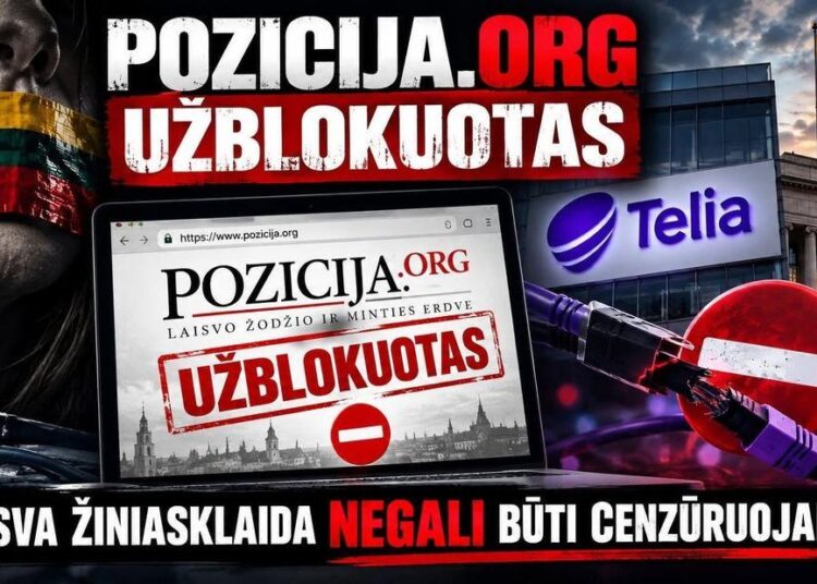 V. Budniko pateiktas koliažas apie portalo „Pozicija.org“ sustabdymą, su „Telia“ ženklu ir Lietuvos vėliava.