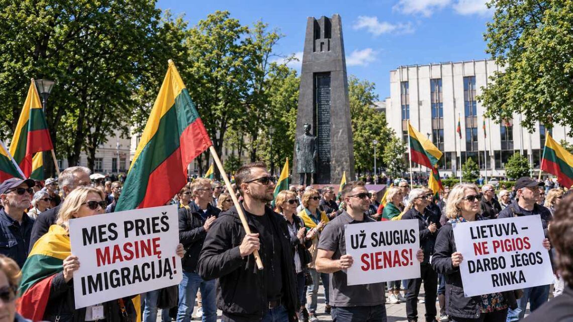 Protestuotojai su antiimigraciniais plakatais Vinco Kudirkos aikštėje Vilniuje