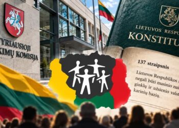 Koliažas: VRK pastatas, Lietuvos Konstitucija, 137 straipsnis ir piliečių referendumo ženklas