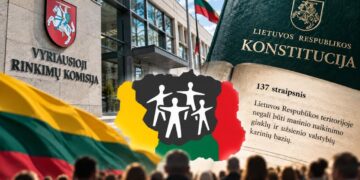 Koliažas: VRK pastatas, Lietuvos Konstitucija, 137 straipsnis ir piliečių referendumo ženklas