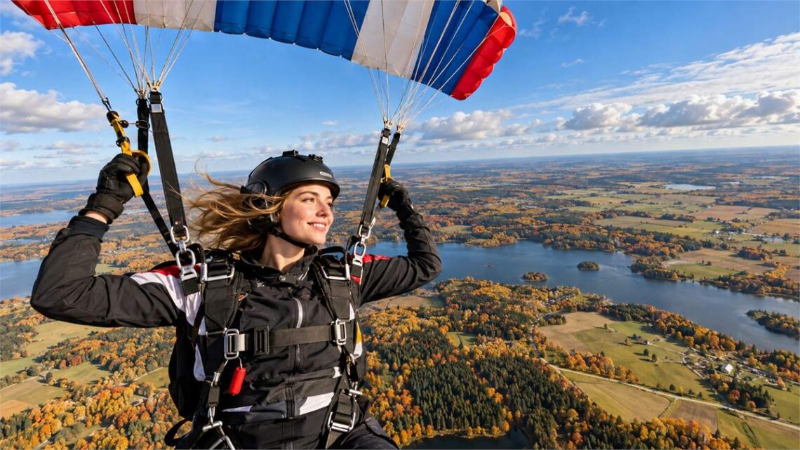 2026 m. spalio 16-osios horoskopas – parašiutininkė virš rudenėjančių Lietuvos ežerų ir miškų