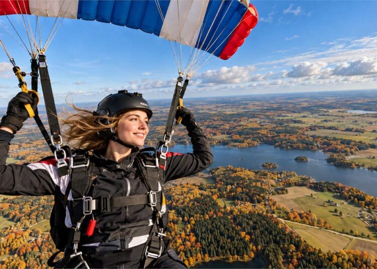 2026 m. spalio 16-osios horoskopas – parašiutininkė virš rudenėjančių Lietuvos ežerų ir miškų