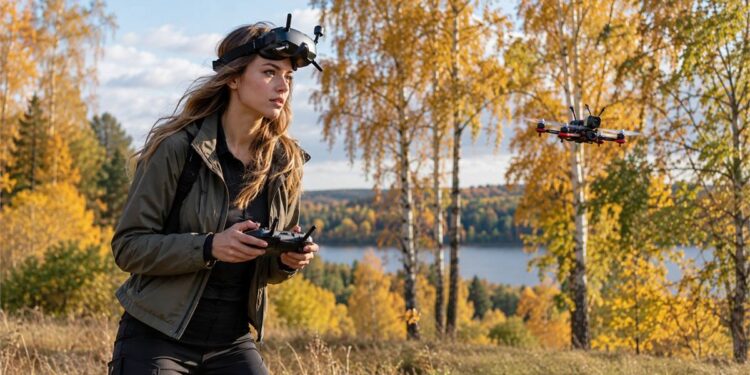 Spalio 7-osios horoskopas – jauna moteris valdo FPV droną rudens gamtoje