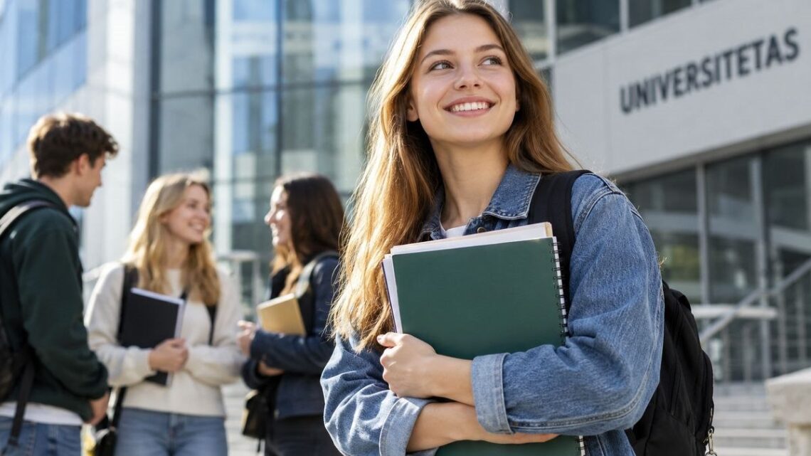 Studentė su sąsiuviniais prie universiteto, fone – kiti studentai