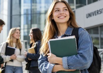 Studentė su sąsiuviniais prie universiteto, fone – kiti studentai