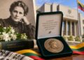 Simbolinė Gabrielės Petkevičaitės-Bitės atminimo medalio „Tarnaukite Lietuvai“ iliustracija su portretu ir Seimo pastatu