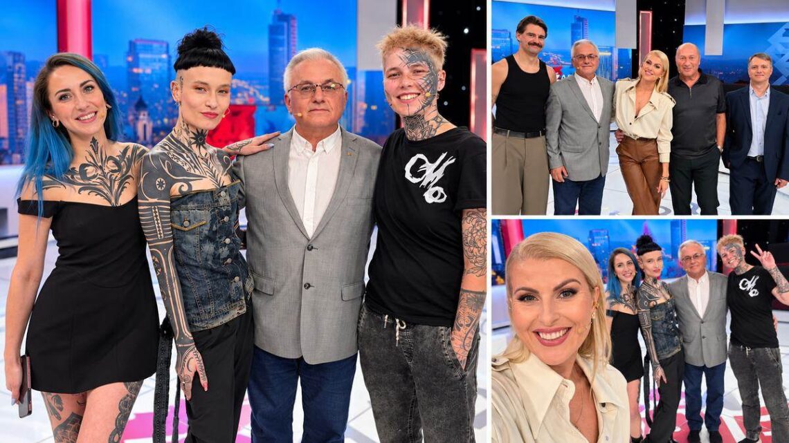 LNK laidos „Už ar prieš?“ filmavimo akimirkų koliažas su tatuiruotais dalyviais ir diskusijos svečiais