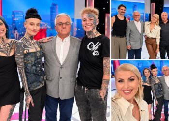 LNK laidos „Už ar prieš?“ filmavimo akimirkų koliažas su tatuiruotais dalyviais ir diskusijos svečiais
