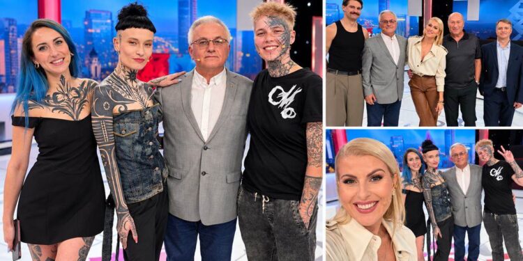 LNK laidos „Už ar prieš?“ filmavimo akimirkų koliažas su tatuiruotais dalyviais ir diskusijos svečiais