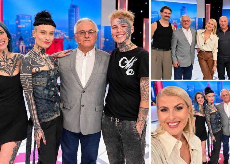 LNK laidos „Už ar prieš?“ filmavimo akimirkų koliažas su tatuiruotais dalyviais ir diskusijos svečiais