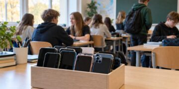 Mokyklos klasėje specialioje dėžėje sudėti mokinių mobilieji telefonai, fone bendrauja mokiniai