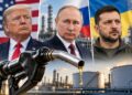 Donaldą Trampą, Vladimirą Putiną ir Volodymyrą Zelenskį vaizduojantis DI koliažas su dyzelino kolonėlės ir naftos pramonės motyvais