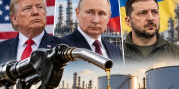 Donaldą Trampą, Vladimirą Putiną ir Volodymyrą Zelenskį vaizduojantis DI koliažas su dyzelino kolonėlės ir naftos pramonės motyvais