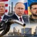 Donaldą Trampą, Vladimirą Putiną ir Volodymyrą Zelenskį vaizduojantis DI koliažas su dyzelino kolonėlės ir naftos pramonės motyvais