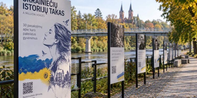 Meninė Ukrainiečių istorijų tako Anykščiuose vizualizacija su pasakojimų stendais prie upės