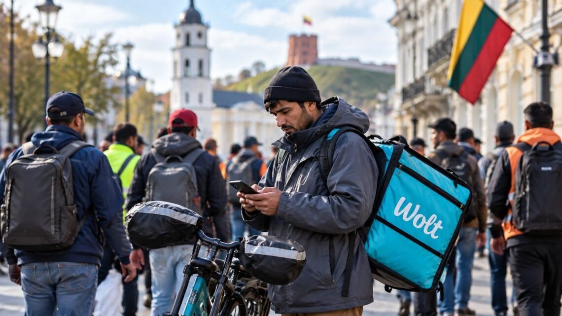 Darbo migrantas kurjeris Vilniuje tarp kitų atvykusių darbuotojų
