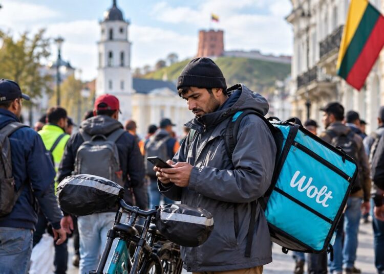 Darbo migrantas kurjeris Vilniuje tarp kitų atvykusių darbuotojų