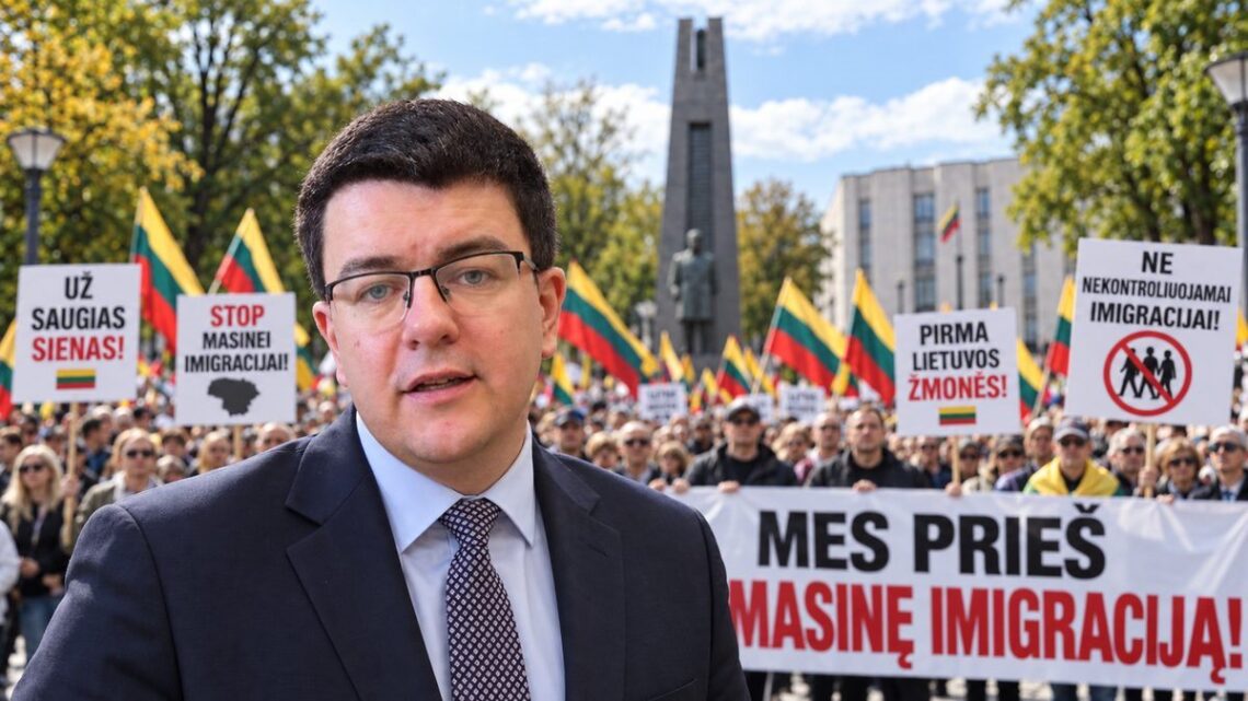 Vytautas Sinica protesto prieš masinę imigraciją fone