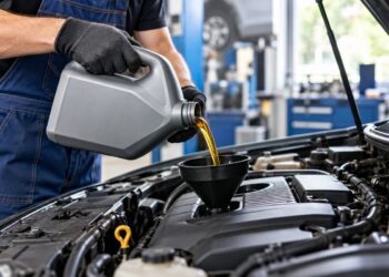 Autoserviso darbuotojas pila variklio alyvą per piltuvą į automobilio variklį