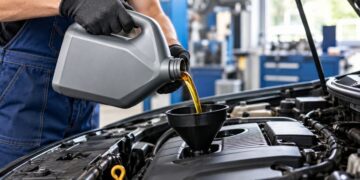 Autoserviso darbuotojas pila variklio alyvą per piltuvą į automobilio variklį