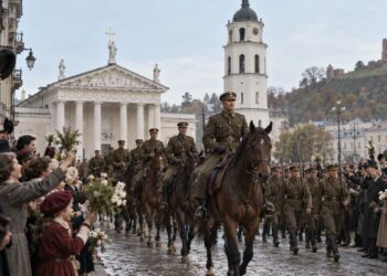 1939 m. Lietuvos kariuomenės įžengimo į Vilnių vaizdinė rekonstrukcija: kariai ir juos sveikinantys miestiečiai.