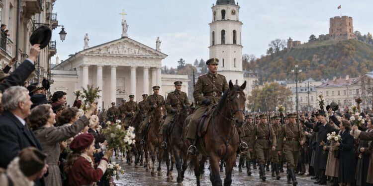 1939 m. Lietuvos kariuomenės įžengimo į Vilnių vaizdinė rekonstrukcija: kariai ir juos sveikinantys miestiečiai.