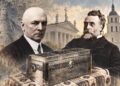 Istorinis DI koliažas: Donatas Malinauskas, Jonas Basanavičius, simbolinis karstas, Vytautas Didysis ir Vilniaus katedra
