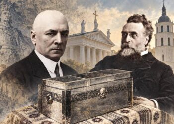 Istorinis DI koliažas: Donatas Malinauskas, Jonas Basanavičius, simbolinis karstas, Vytautas Didysis ir Vilniaus katedra