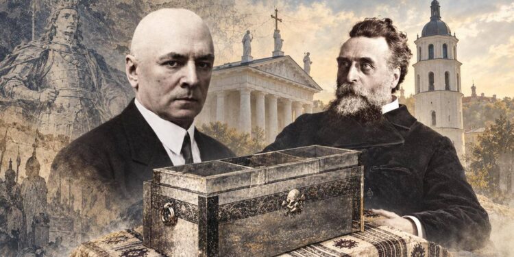 Istorinis DI koliažas: Donatas Malinauskas, Jonas Basanavičius, simbolinis karstas, Vytautas Didysis ir Vilniaus katedra