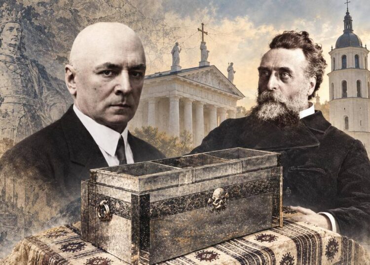 Istorinis DI koliažas: Donatas Malinauskas, Jonas Basanavičius, simbolinis karstas, Vytautas Didysis ir Vilniaus katedra